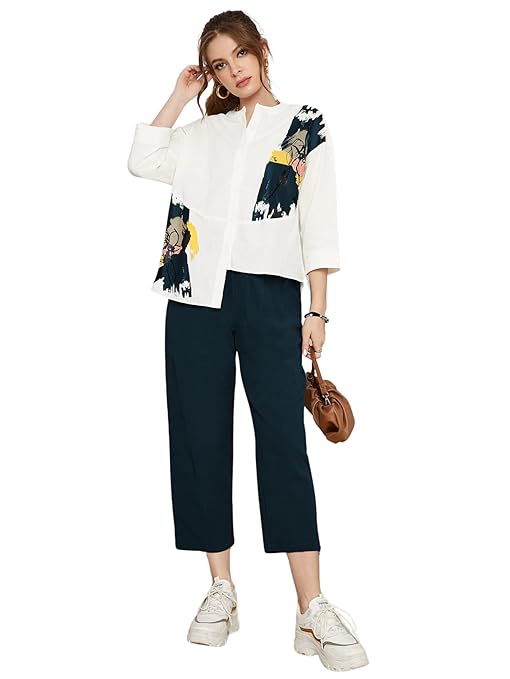 TOPLOT Women's Co-ord Set | Button-up, Loose-fit top with Artistic Abstract Prints| Relaxed Loose Fit Design | Stylish Matching Set with Easy Movement | Casual, Outings (5234)
